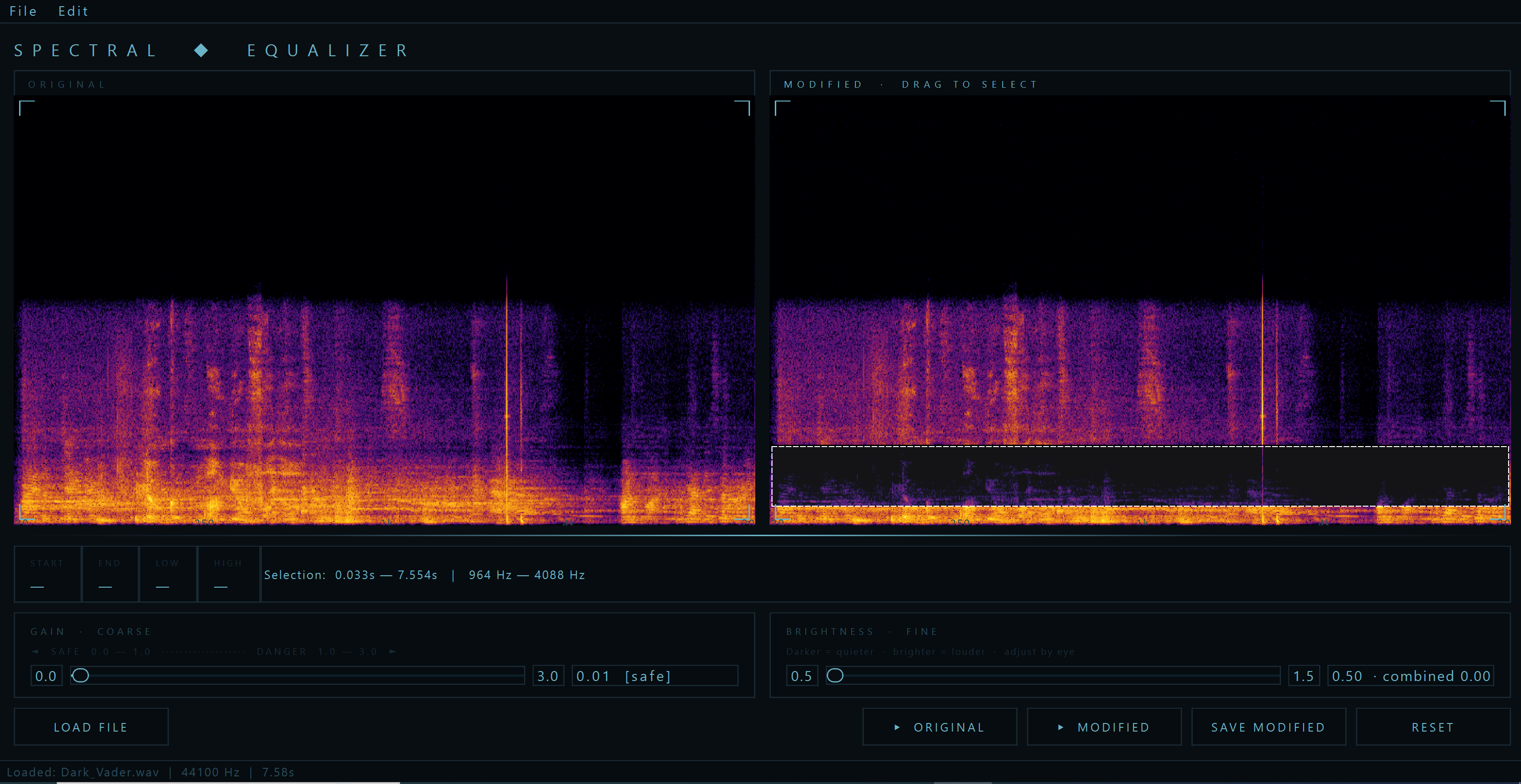 A region selected and suppressed — the Modified spectrogram shows the darkened area while the Original remains unchanged